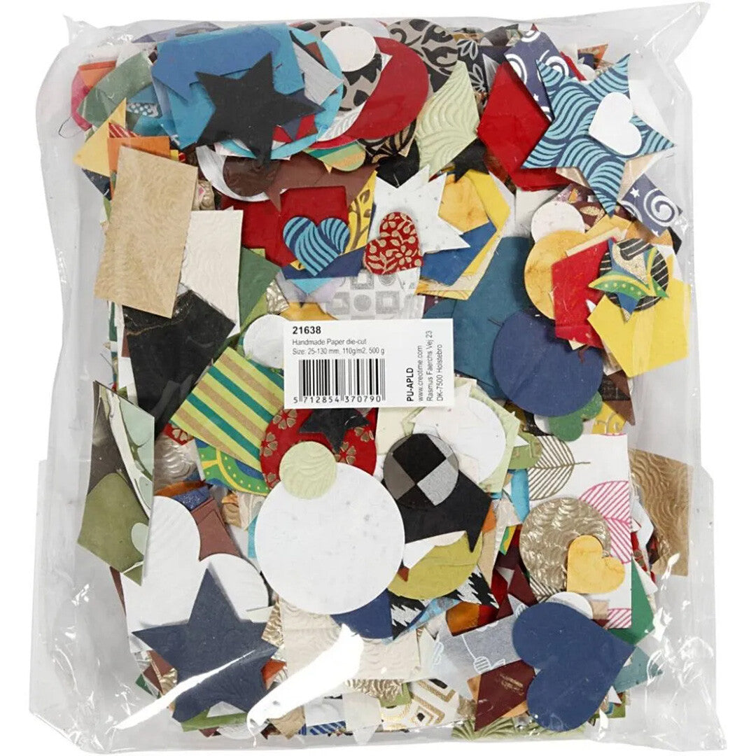 Verpakking van creativ company decoratie papiervormen, een doorzichtige zak met een productlabel en diverse papieren vormen.