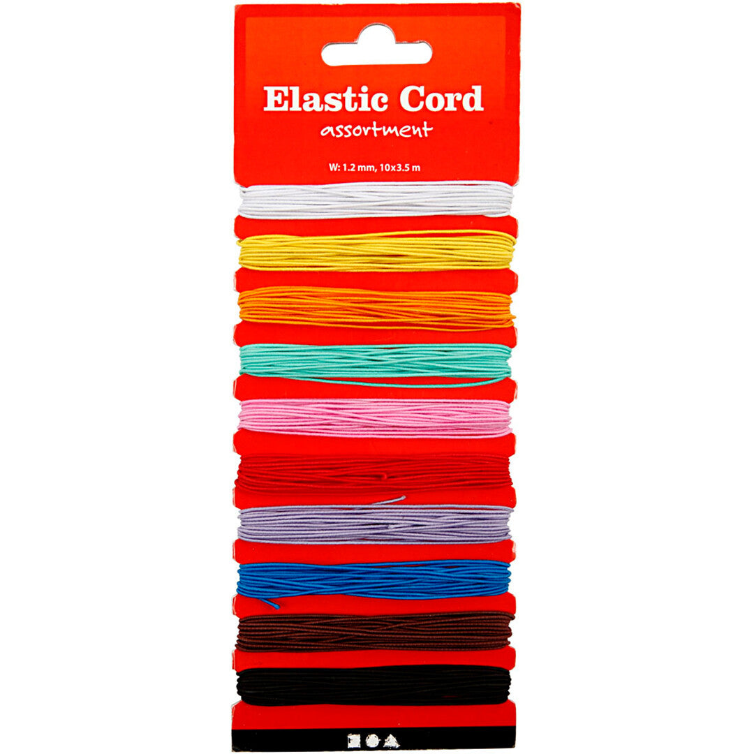 Verpakking van Creativ Company elastiek gekleurd assortiment met tien rollen in verschillende kleuren.