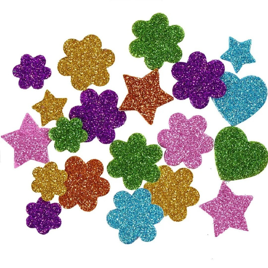 Creativ company eva foam stickers in de vormen bloemen, sterren en harten, met glitter in diverse kleuren.