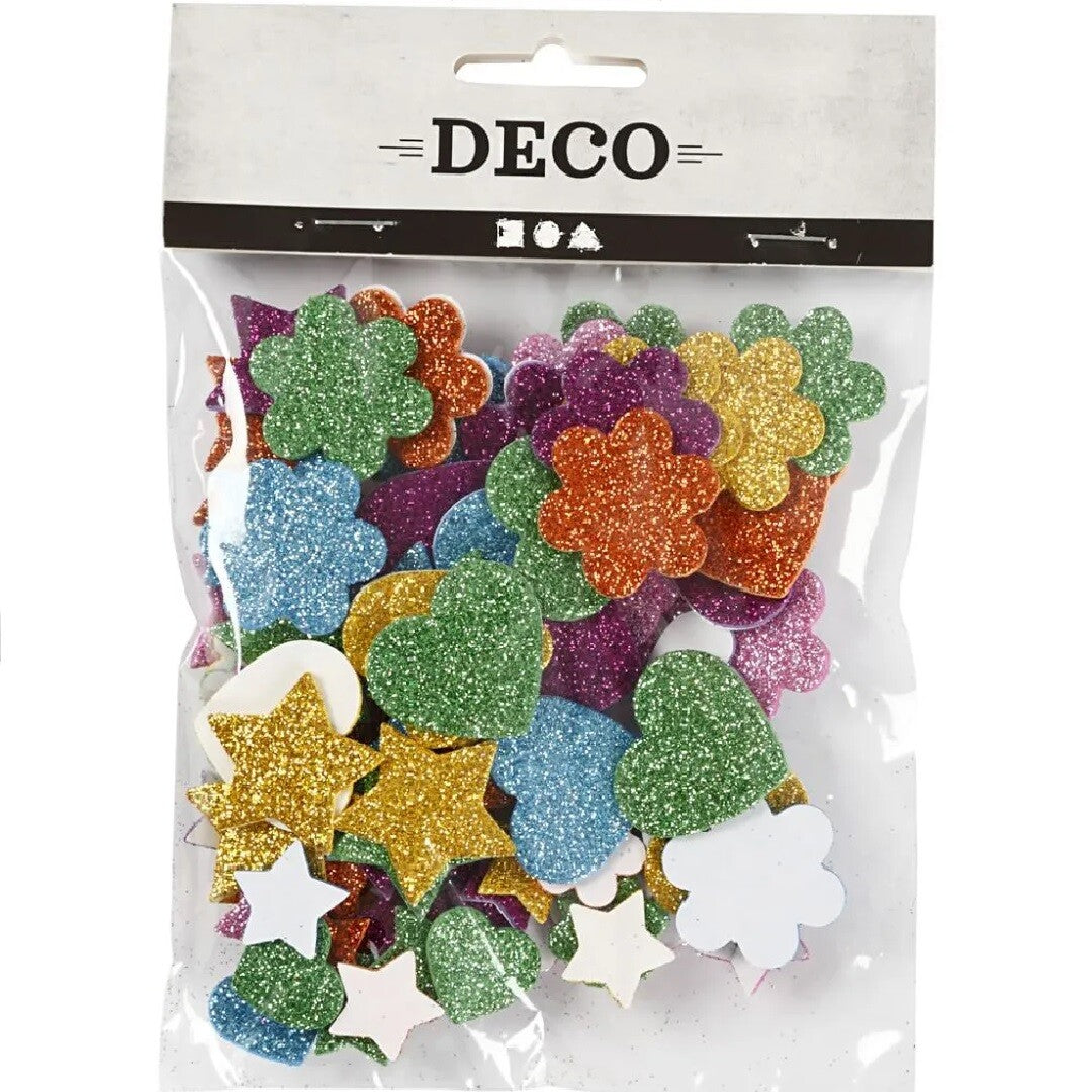 Verpakking van creativ company eva foam stickers met glitter in diverse vormen en kleuren.