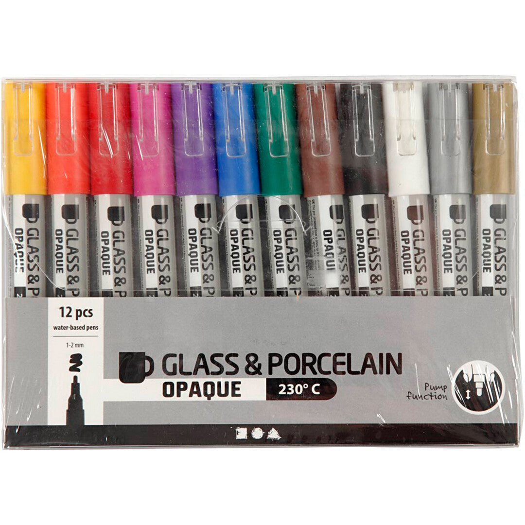 De voorkant van de verpakking met 12 creativ company glas- en porseleinstiften in diverse kleuren.
