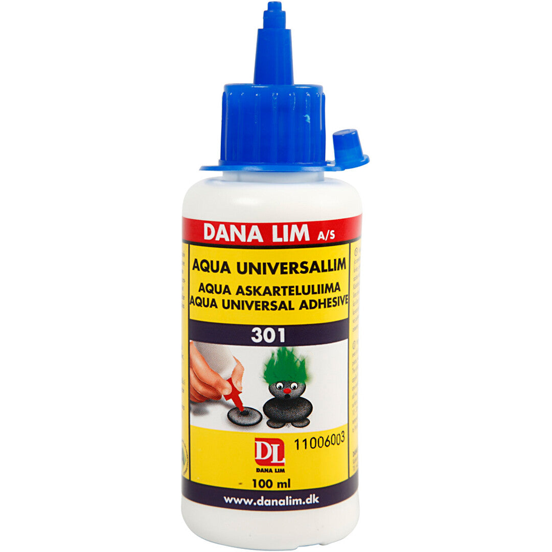 Fles Dana Lim Aqua Universal hobbylijm op waterbasis met blauwe dop.