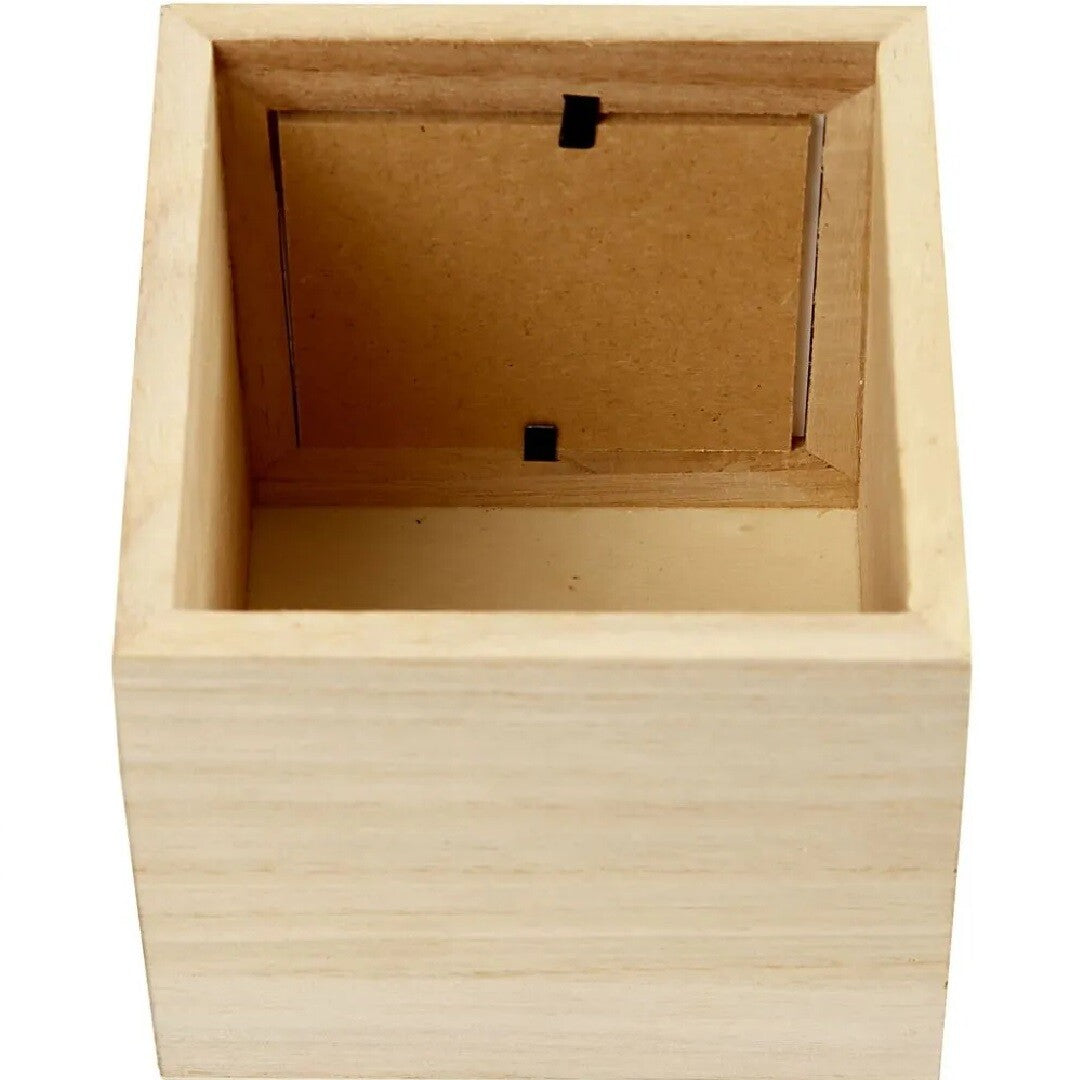 Bovenaanzicht van een creativ company houten pennenbakje met zicht op de binnenkant en de fotohouder.