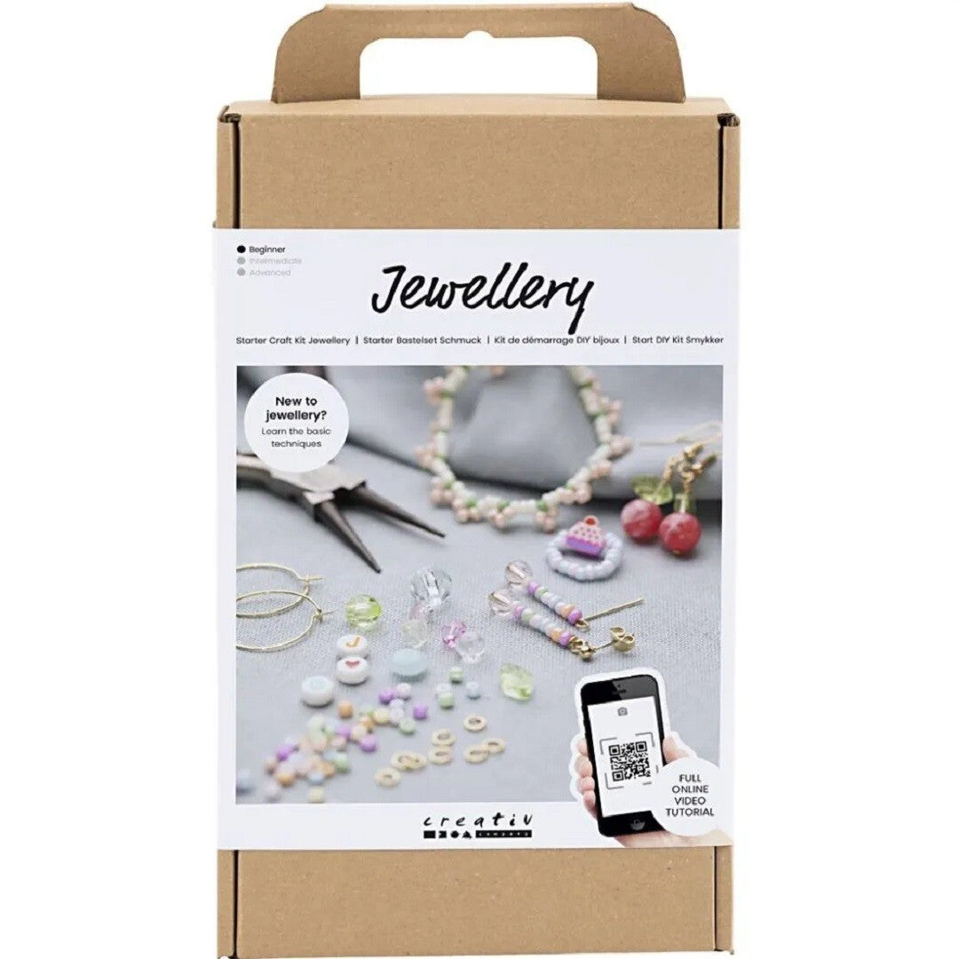 Voorkant van de creativ company knutselset sieraden verpakking met voorbeelden van gemaakte sieraden en onderdelen.