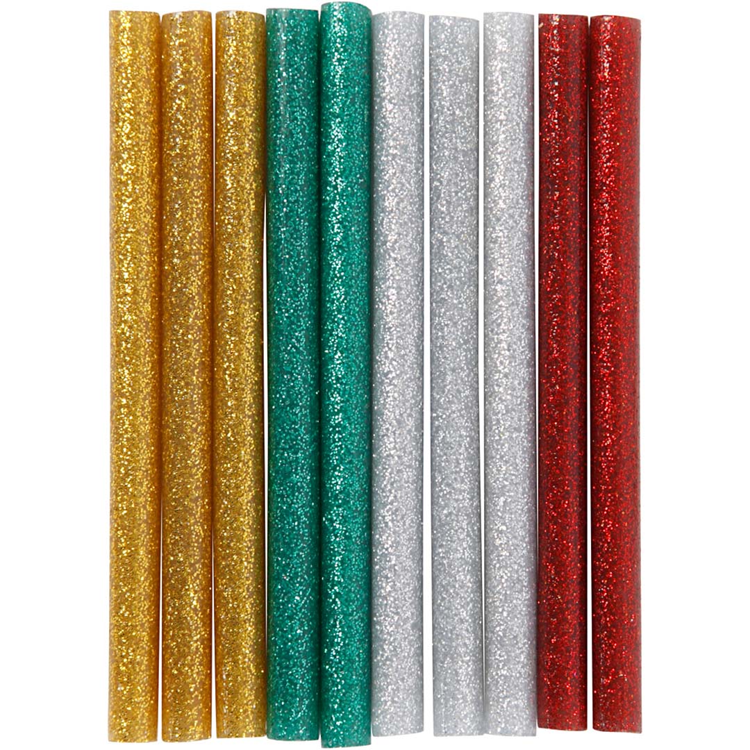 Tien creativ company glitterlijmpistool vullingen in goud, groen, zilver en rood.