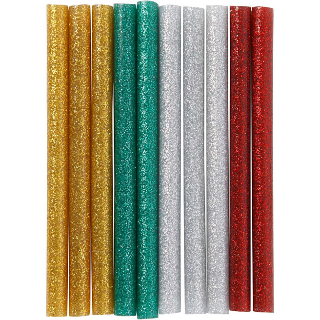 Tien creativ company glitterlijmpistool vullingen in goud, groen, zilver en rood.