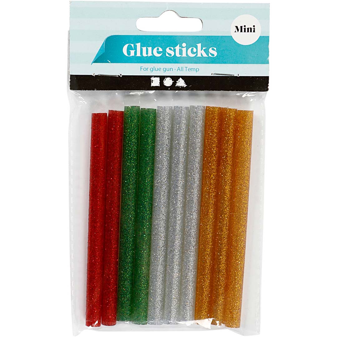 Verpakking met tien creativ company mini glitterlijmpistool vullingen in diverse kleuren.