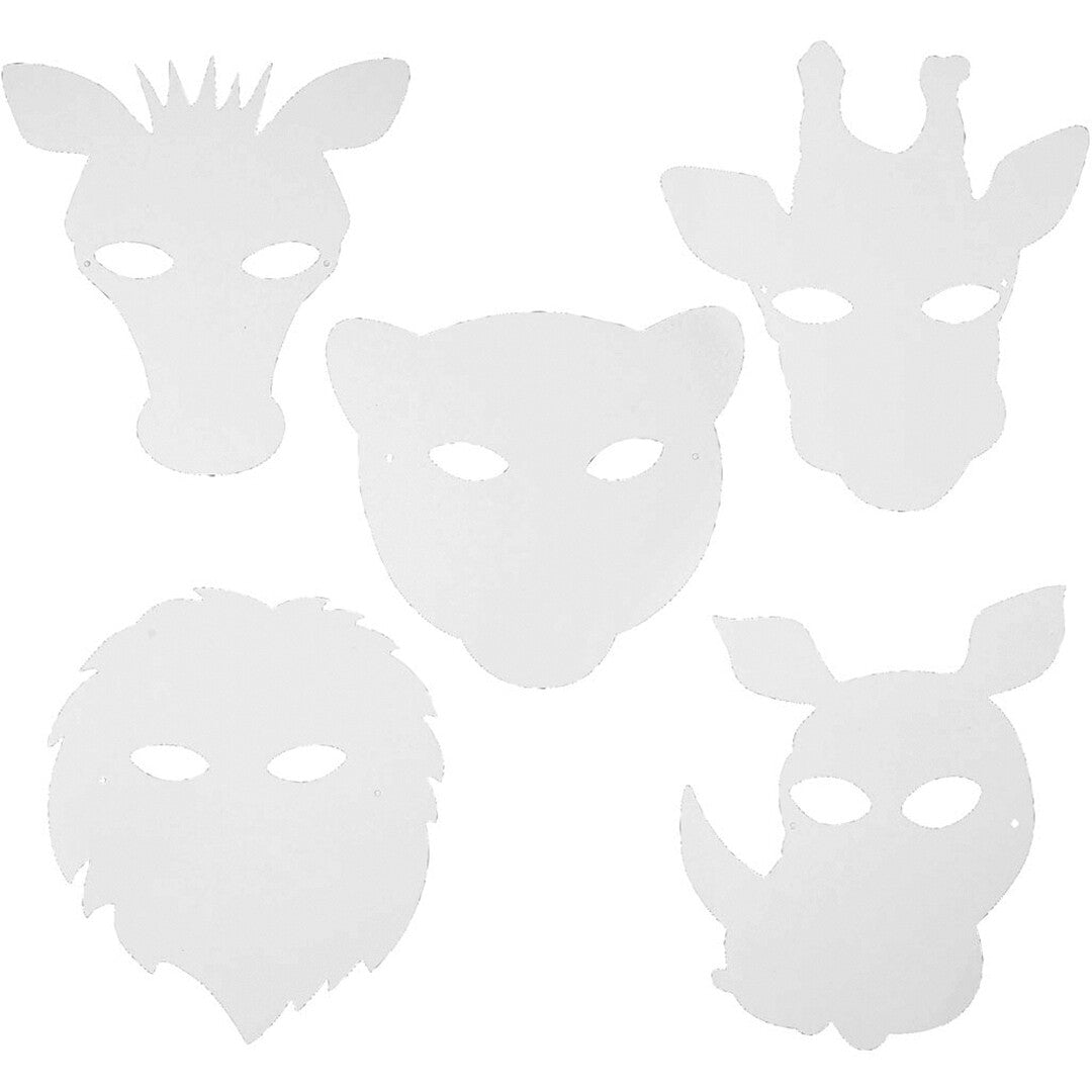 Creativ Company witte kartonnen maskers in de vorm van vijf verschillende jungledieren.