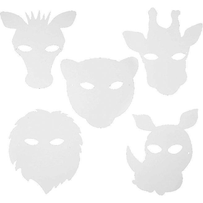 Creativ Company witte kartonnen maskers in de vorm van vijf verschillende jungledieren.