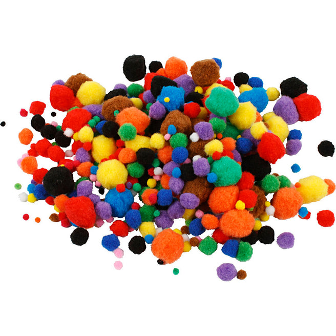 Creativ Company mix van veelkleurige pompons in verschillende formaten.