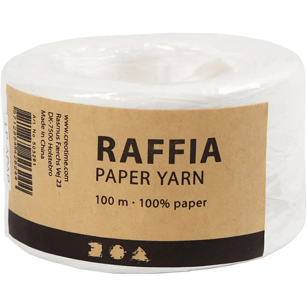 Verpakking van creativ company witte raffia papiergaren met productinformatie.