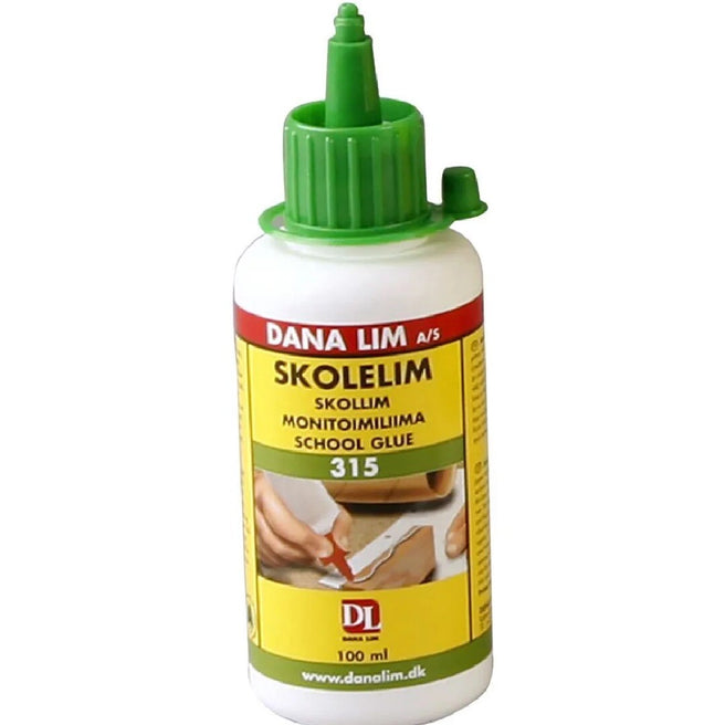 Een witte fles Dana Lim schoollijm met groene dop en een label waarop 'SCHOOL GLUE' staat.