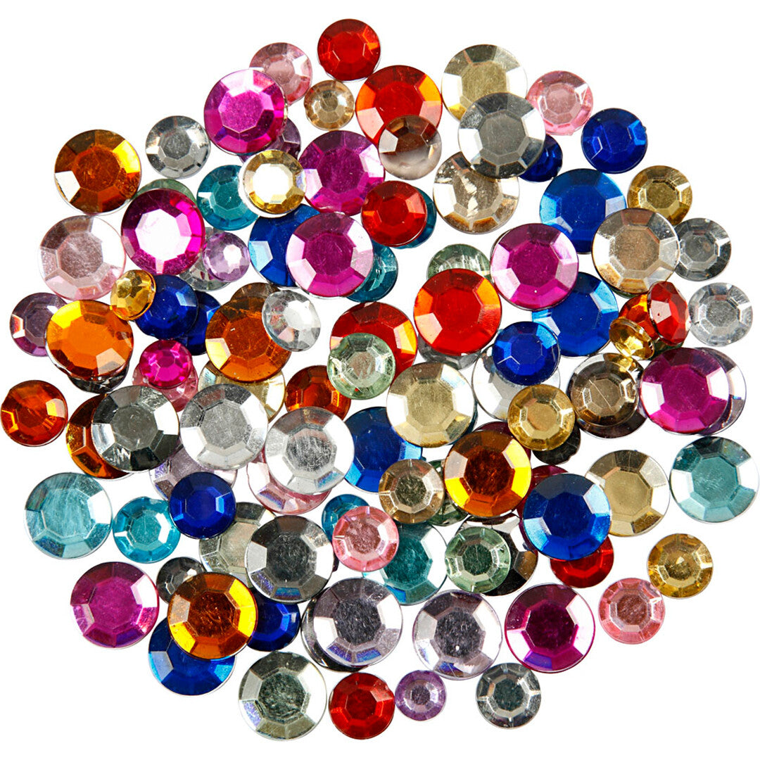 Collectie veelkleurige ronde plaksteentjes van acryl.