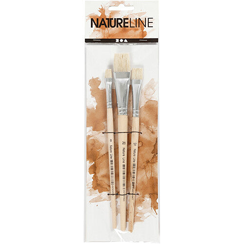 De verpakking van de Creativ Company Natureline set met drie platte verfkwasten.
