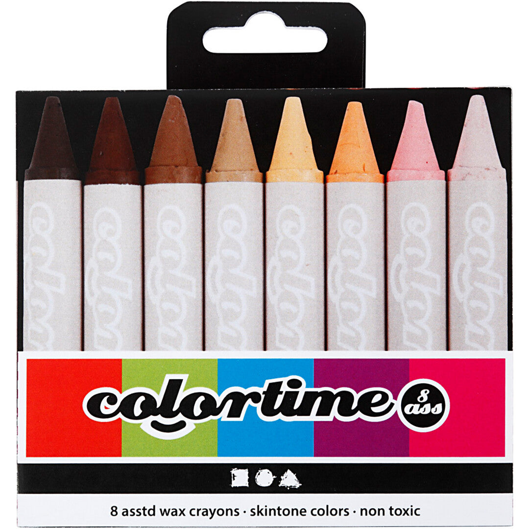 De verpakking van de Colortime waskrijtjes in huidtinten, met de acht krijtjes zichtbaar.