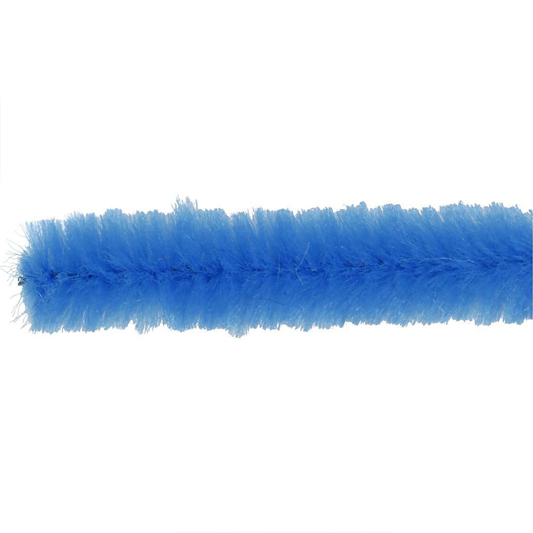 Eén donkerblauwe chenille pijpenrager voor handwerken, liggend op een witte achtergrond.