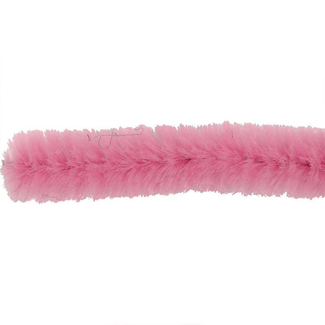 Close-up van een enkele roze chenilledraad horizontaal liggend.