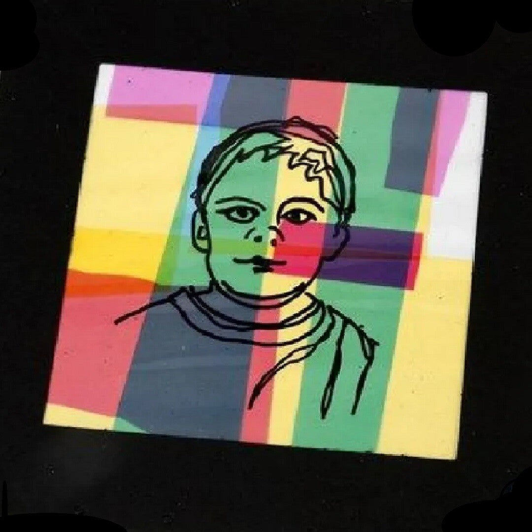 Een tekening van een kindergezicht op een achtergrond van overlappende gekleurde cellofaanvellen.