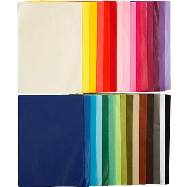 Twee stapels creotime zijdepapier in 30 verschillende kleuren.