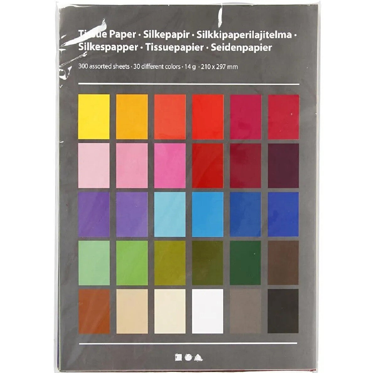 De verpakking van het creotime zijdepapier met een overzicht van de 30 beschikbare kleuren.