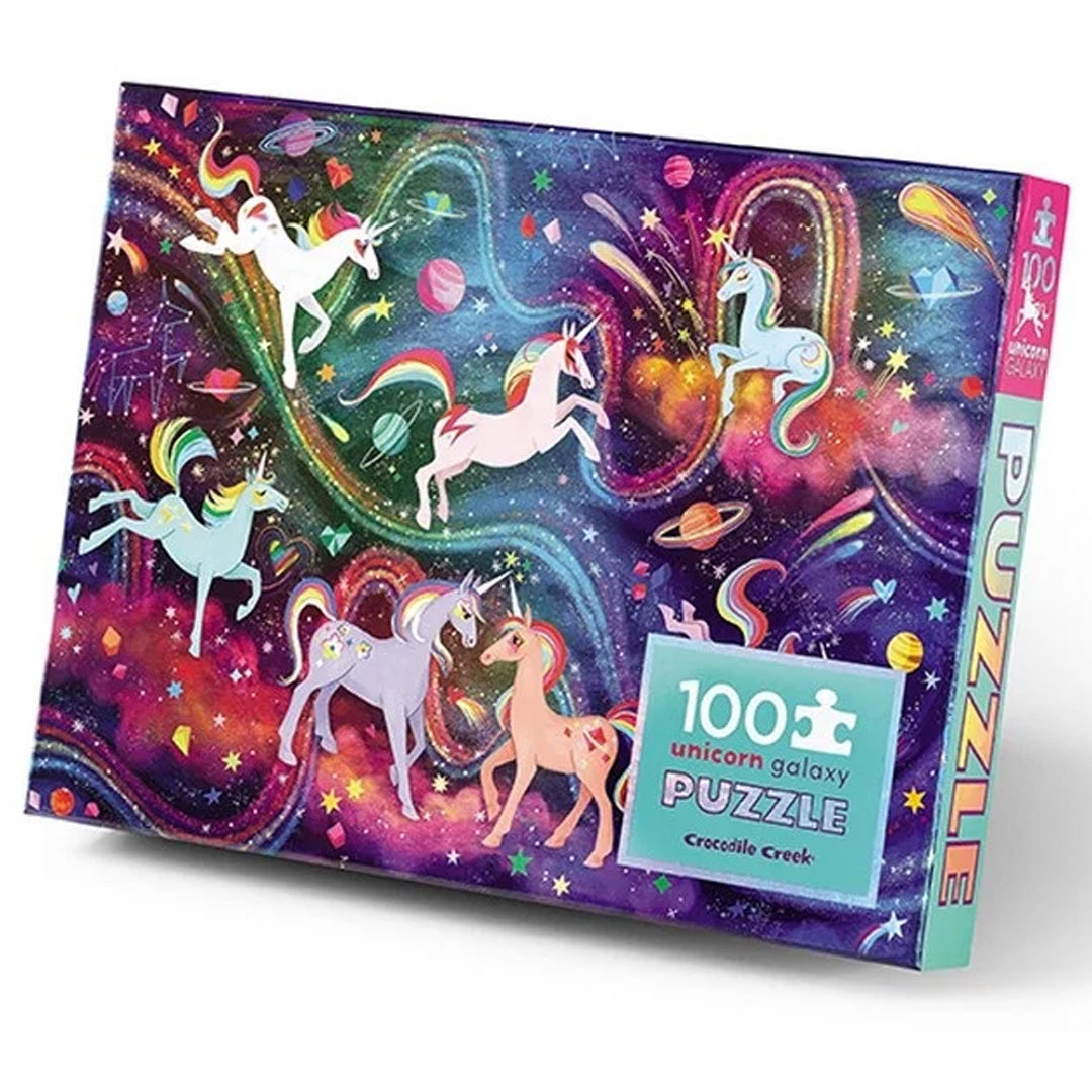 Verpakking van de Crocodile Creek 100-delige holografische legpuzzel met een eenhoorn galaxy thema.