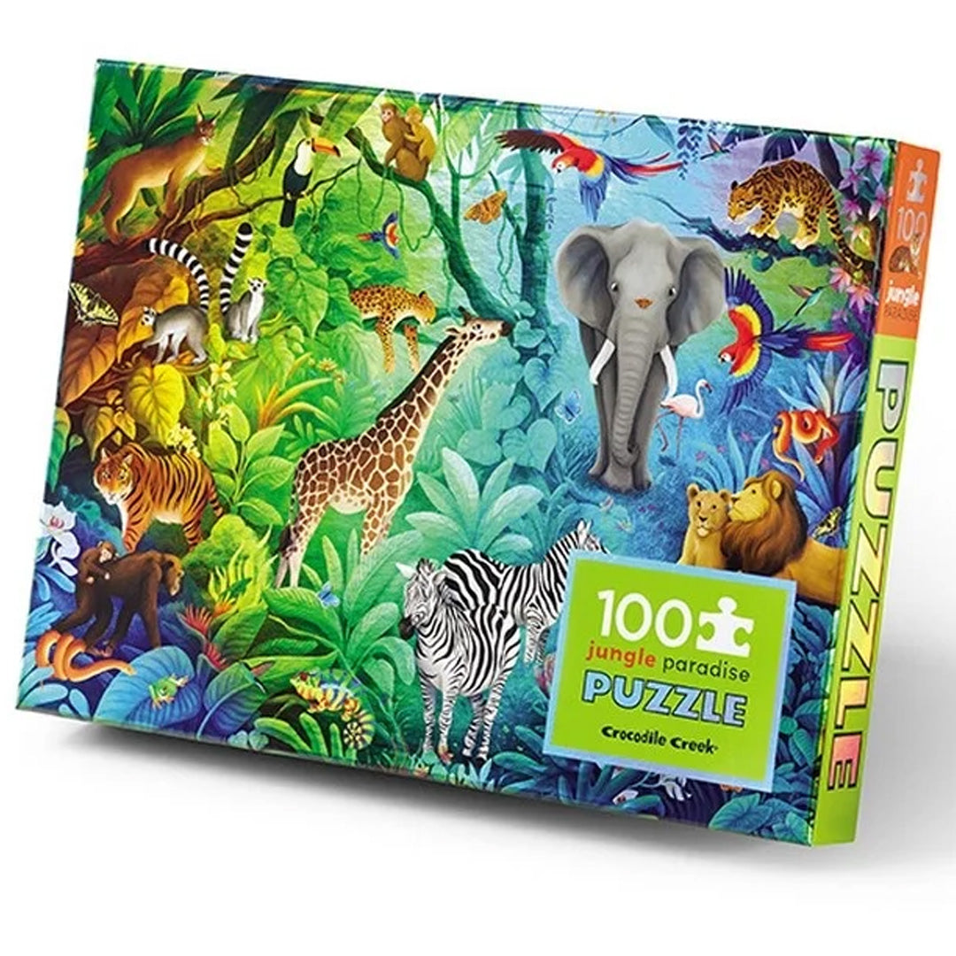 Crocodile Creek holografische jungle puzzelverpakking met een afbeelding van diverse wilde dieren.