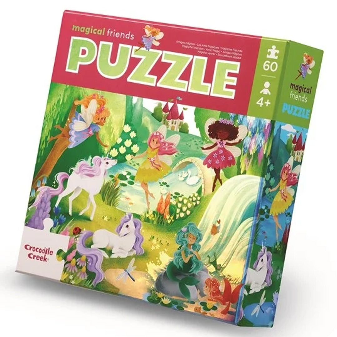 Crocodile Creek puzzelverpakking met een afbeelding van feeën en eenhoorns in een magisch landschap.