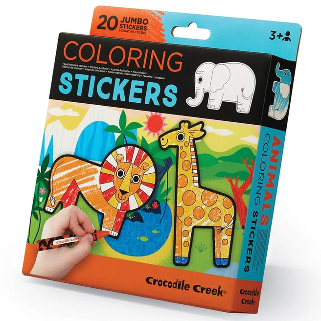 Verpakking van de Crocodile Creek kleurstickers dieren, waarop een leeuw en giraffe worden ingekleurd.