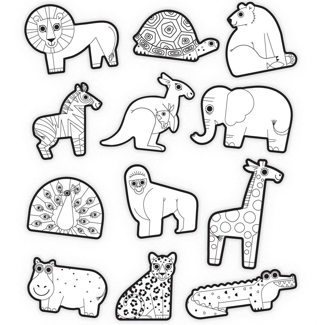 Twaalf oningekleurde dierenstickers, waaronder een leeuw, olifant en giraffe.