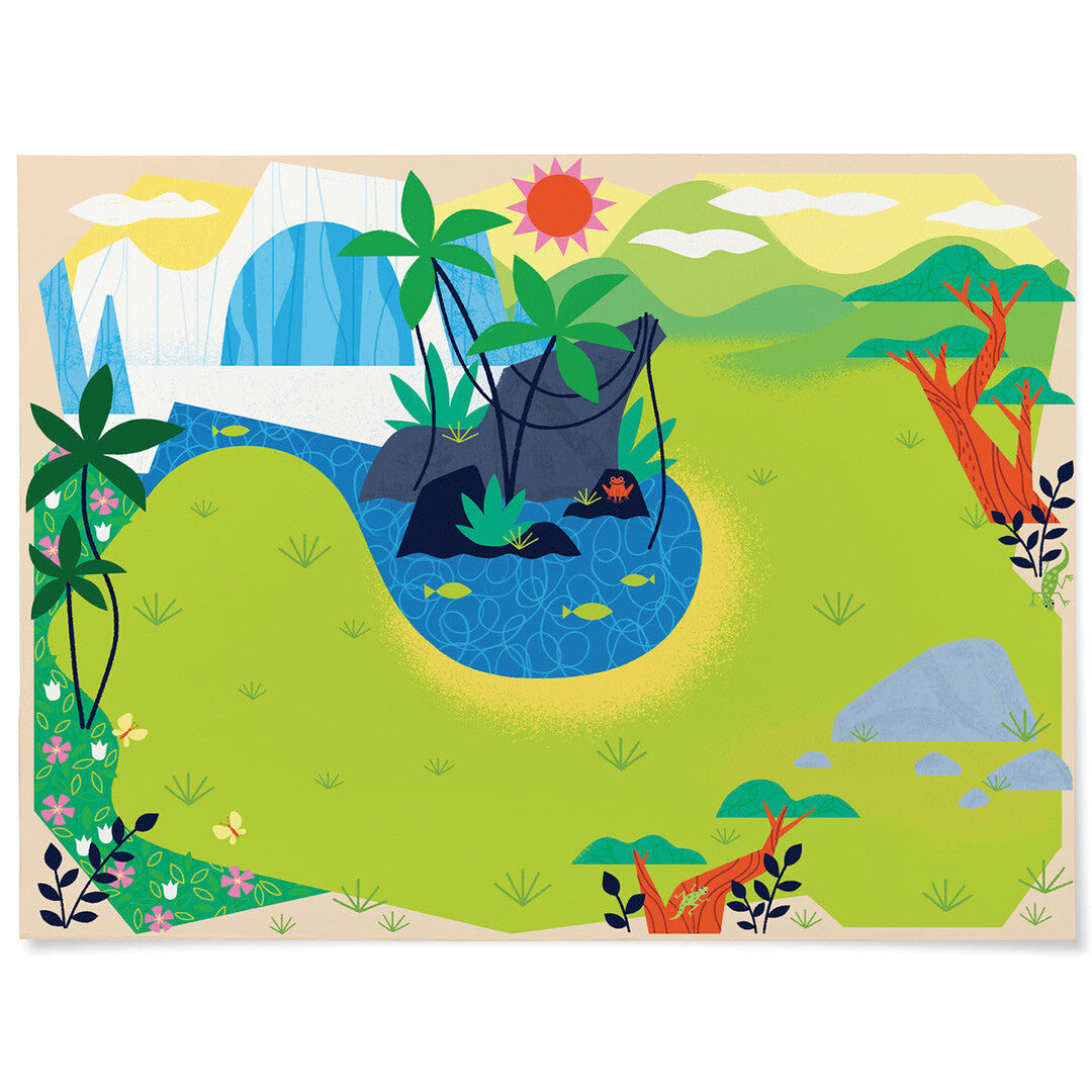 Een kleurrijke achtergrondplaat met een jungle- of safarilandschap.