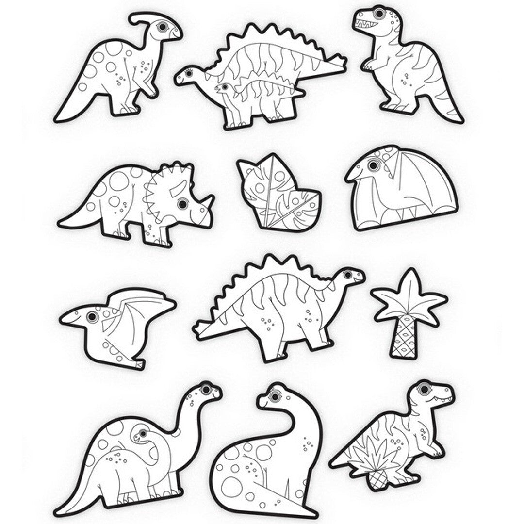 Collectie oningekleurde dinosaurus stickers in diverse vormen, waaronder een palmboom.
