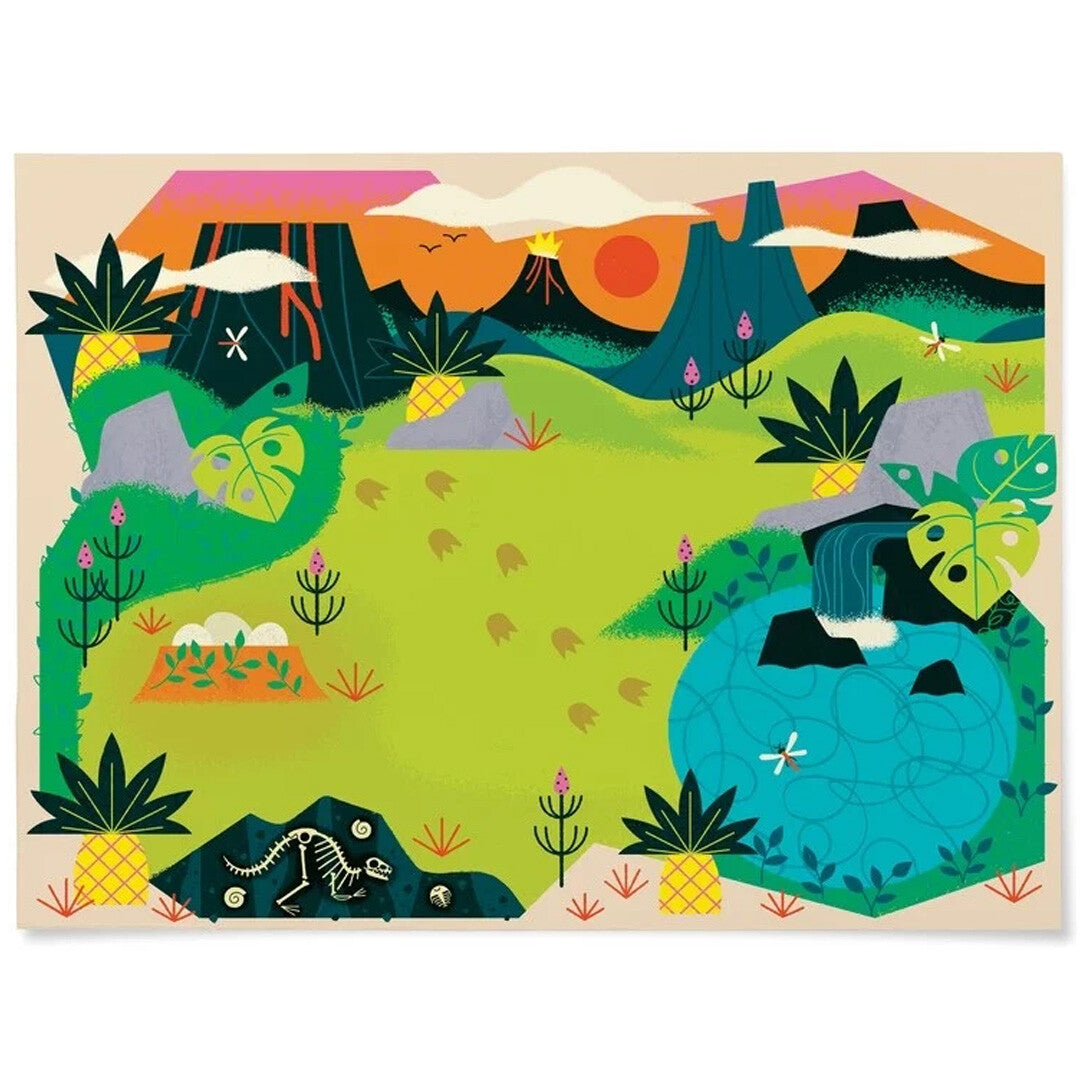 Kleurrijke achtergrondscène met een prehistorisch landschap, vulkanen, waterval en een dinosaurus skelet.