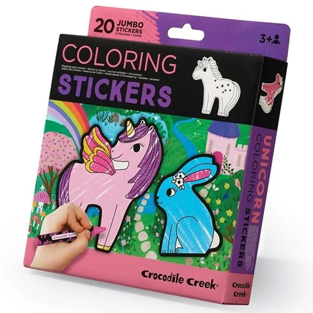 Crocodile Creek eenhoorn kleurstickers verpakking met een hand die een eenhoorn kleurt op een regenbooglandschap.