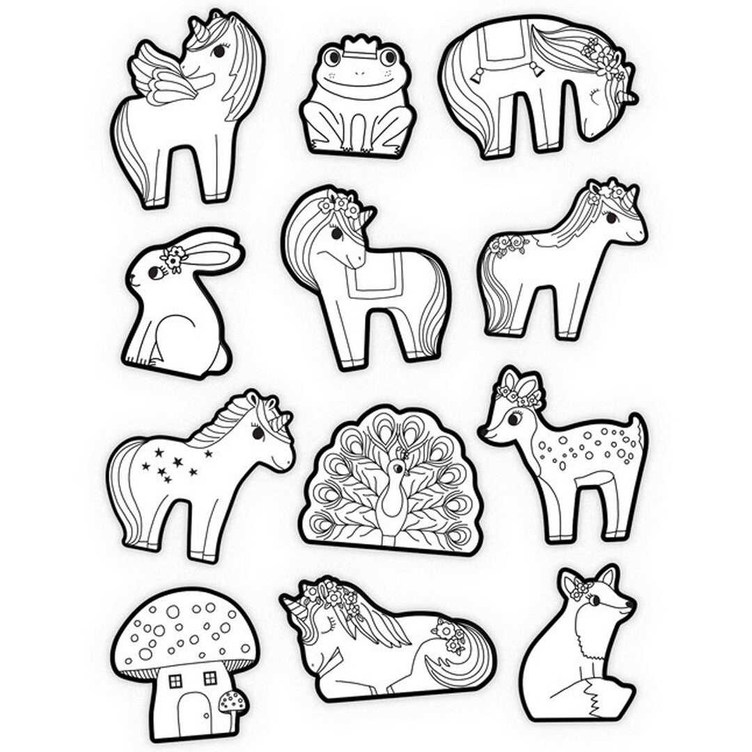 Collectie van oningekleurde eenhoorn en dieren kleurstickers, waaronder een kikker, konijn en pauw.