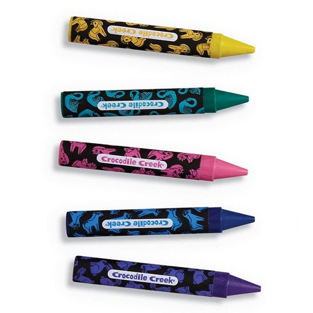 Vijf Crocodile Creek kleurkrijtjes in geel, groen, roze, blauw en paars.
