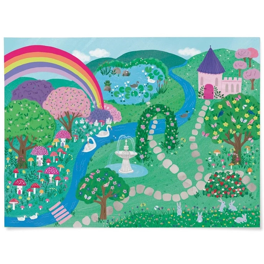 Kleurrijke achtergrondplaat met een regenboog, kasteel, vijver, bomen en konijnen in een fantasielandschap.