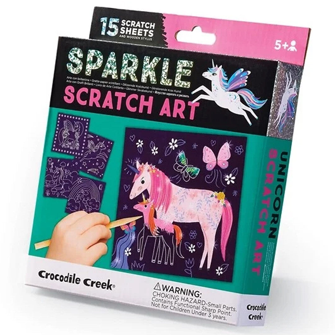 Verpakking van de Crocodile Creek Sparkle Scratch Art eenhoorn hobbyset.