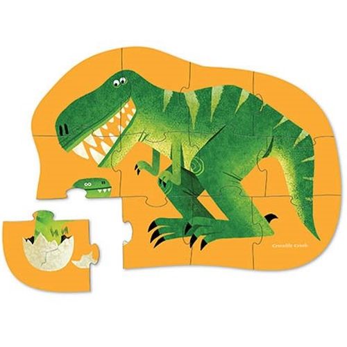 Crocodile Creek mini puzzel van een grote groene dinosaurus en een baby dinosaurus die uit een ei komt.