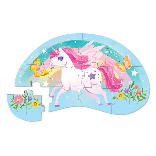 Crocodile Creek contourpuzzel van een eenhoorn met roze manen en vleugels, vliegend over een regenboog.