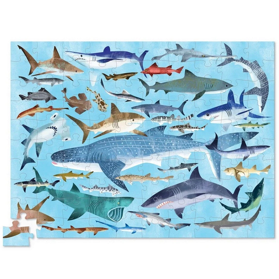 Een complete legpuzzel van 100 stukjes met diverse haaiensoorten in blauw water.