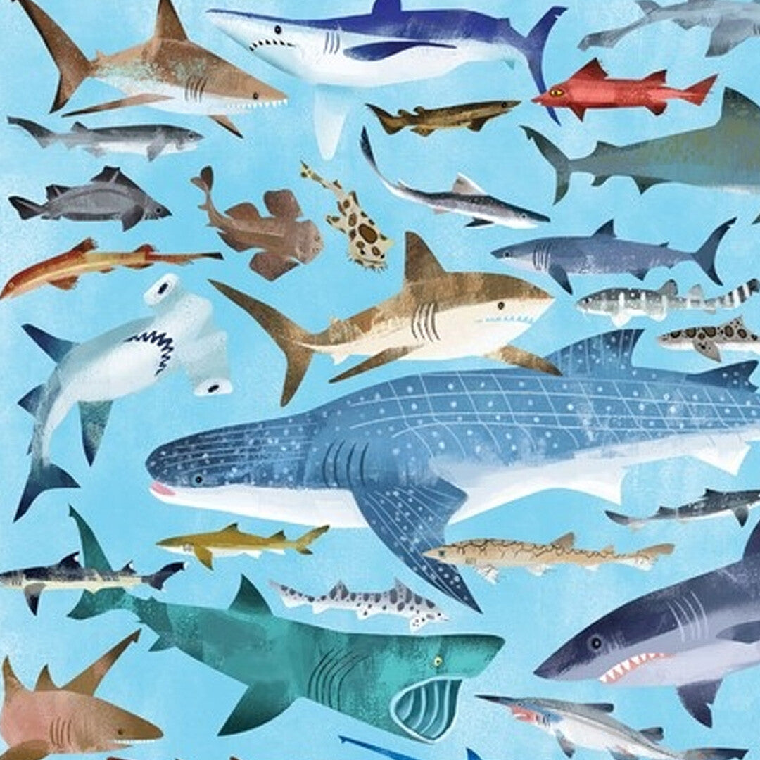 Detail van de legpuzzel met verschillende kleurrijke haaien in blauw water.