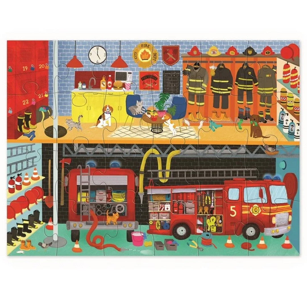 Voltooide Crocodile Creek legpuzzel van een brandweerkazerne met brandweerwagen en dieren.