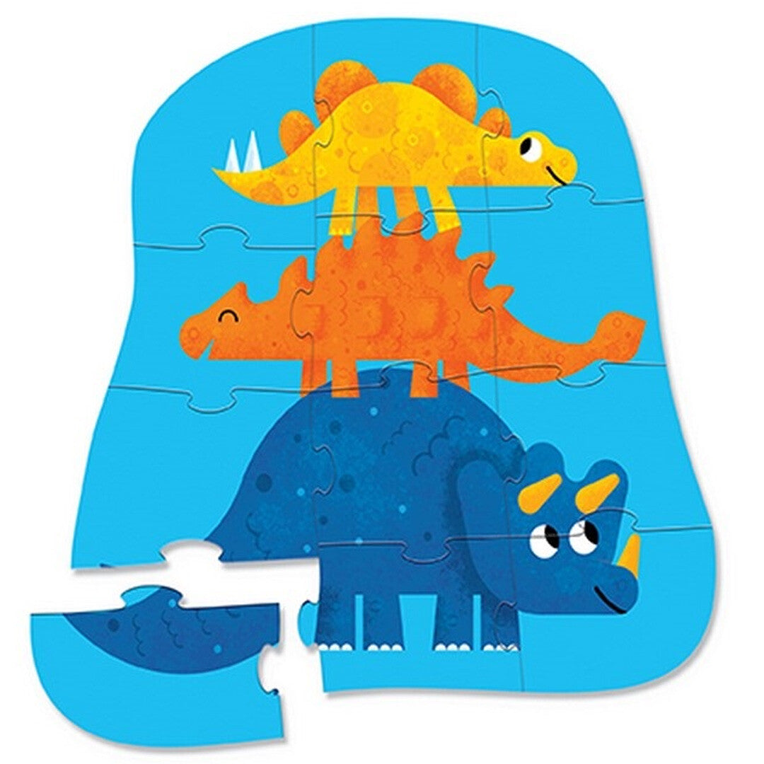 De Crocodile Creek dinosaurus puzzel met drie gestapelde dinosaurussen, waarvan één stuk los is.