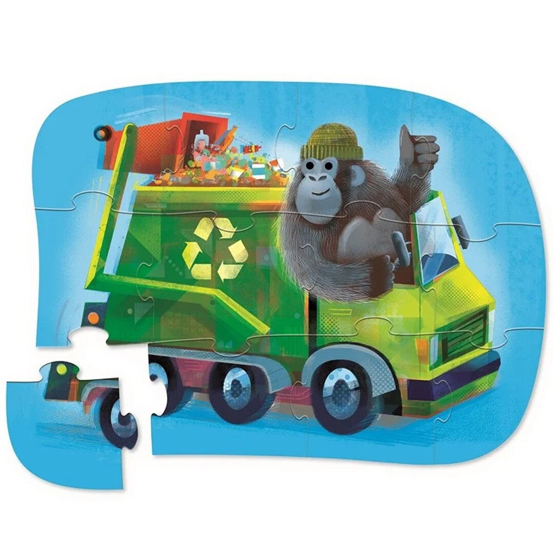 Crocodile Creek legpuzzel van een gorilla in een groene vuilniswagen, met een ontbrekend stukje.