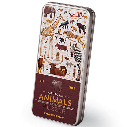 Verpakking van de Crocodile Creek puzzel 'African Animals' in een metalen blik met diverse dieren.