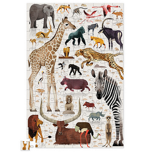 Voltooide legpuzzel met een illustratie van diverse Afrikaanse dieren zoals een giraffe, zebra en leeuw.
