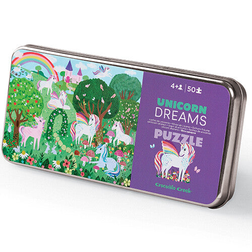 Crocodile Creek puzzel in blik Eenhoorn Dromen met eenhoorns, een regenboog en een kasteel.