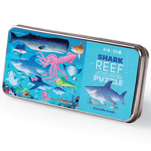 Crocodile Creek haaienrif puzzel in een metalen blik met afbeelding van zeedieren.