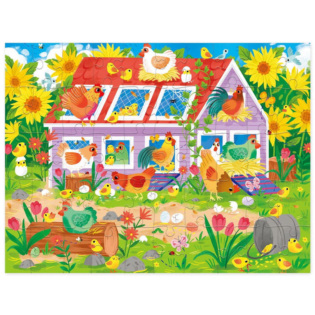 Voltooide Crocodile Creek legpuzzel van een boerderijtafereel met een kippenhok, kippen, kuikens en bloemen.