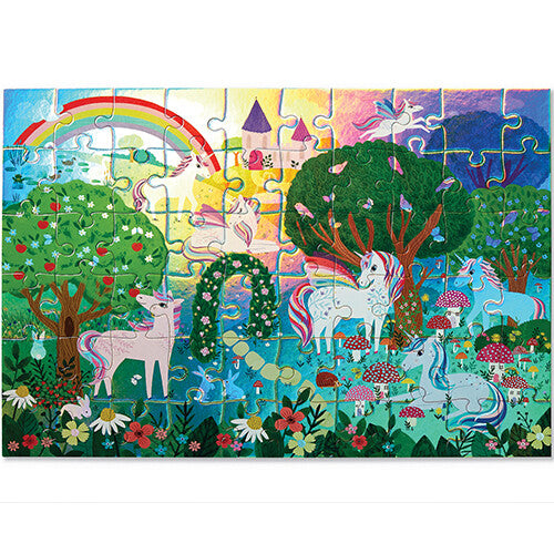 Voltooide Crocodile Creek legpuzzel met eenhoorns in een kleurrijk boslandschap.